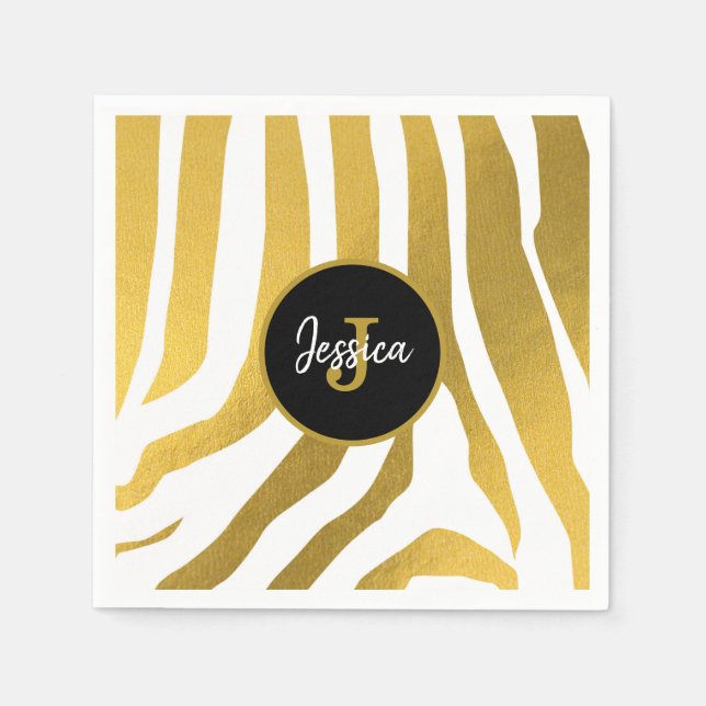 Customized Faux Gold Zebra Print Stripes Pattern Napkins (Front)