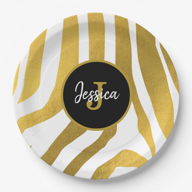 Customized Faux Gold Zebra Print Stripes Pattern Paper Plates (Front)