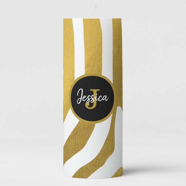 Customized Faux Gold Zebra Print Stripes Pattern Pillar Candle (Front)