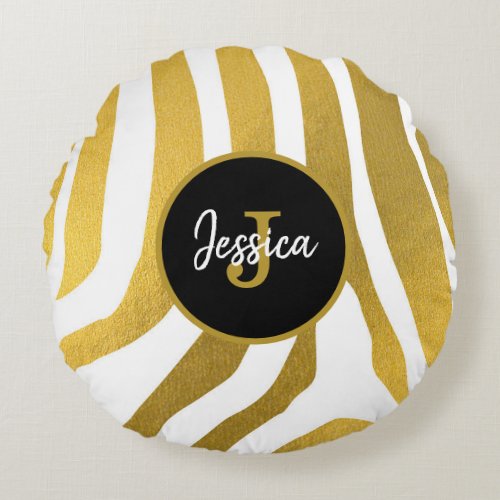 Customized Faux Gold Zebra Print Stripes Pattern Round Pillow