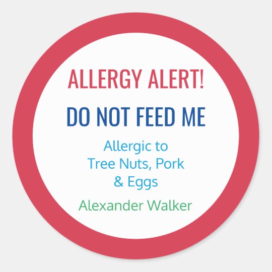 Customized Food Allergy Alert Personalized Kids Classic Round Sticker 