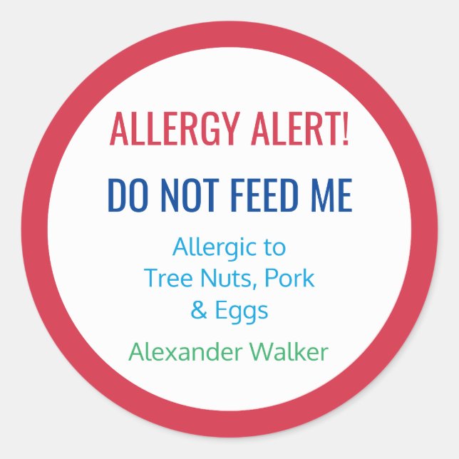 Customized Food Allergy Alert Personalized Kids Classic Round Sticker (Front)