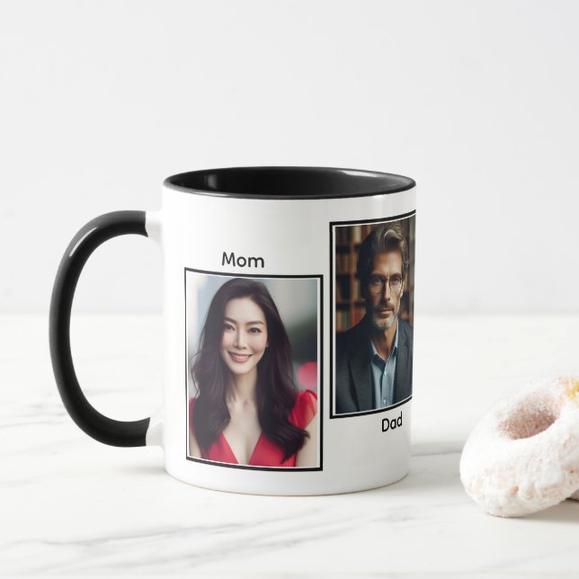Customized Four 4 Photo Family Collage Black Mug (With Donut)