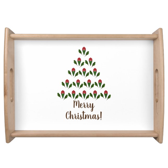 Customized Fun Red Roses, Holly Christmas Tree Serving Tray (Front)