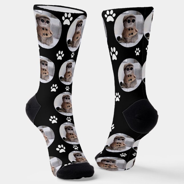 Customized Funny Cat Pet Paw Face Black Socks (Angled)