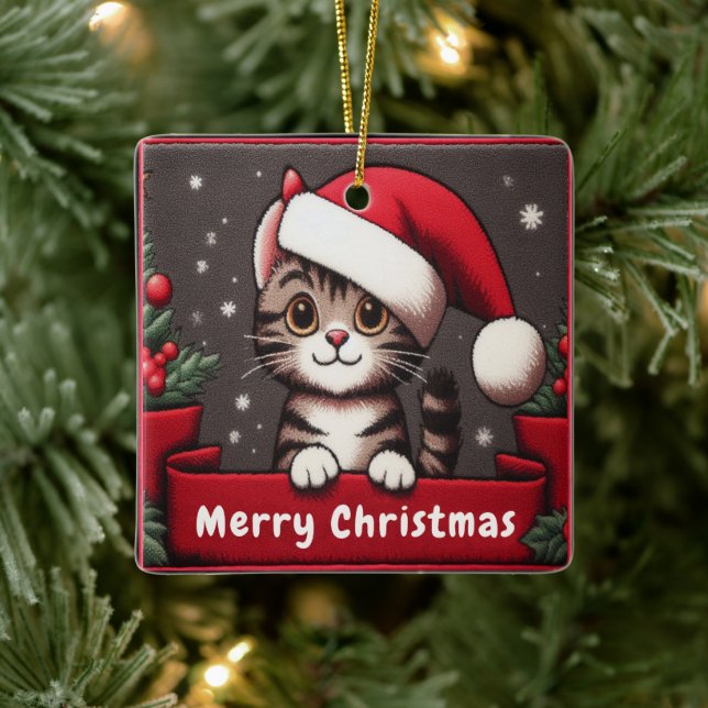 Customized Funny Christmas Mischievous Tabby Cat Ceramic Ornament (Tree)