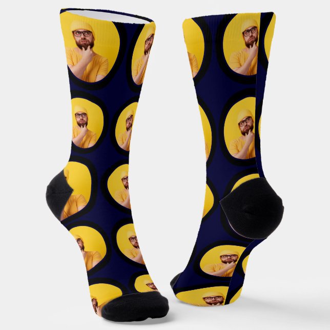 Customized Funny Face Photo Navy Blue Custom Socks (Angled)