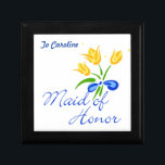 customized gift box<br><div class="desc">The perfect choice for your Maid of Honor! This lovely yellow tulips wedding bouquet design is printed expertly on the ceramic tile cover of a beautiful keepsake box. She'll be thrilled to see her name on it.</div>