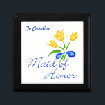 customized gift box<br><div class="desc">The perfect choice for your Maid of Honor!  This lovely yellow tulips wedding bouquet design is printed expertly on the ceramic tile cover of a beautiful keepsake box.  She'll be thrilled to see her name on it.</div>