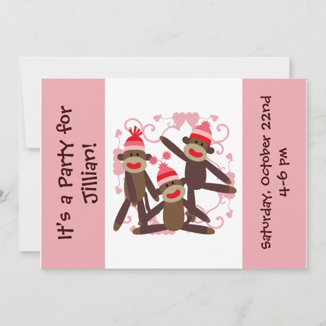 Customized Girl Sock Monkey 5x7 Invitations (Front)
