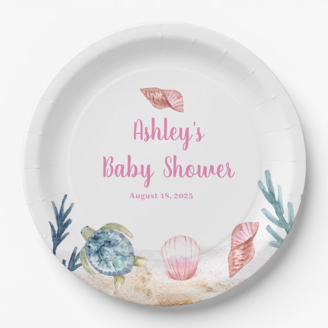 Customized Girls Sea Turtle Baby Shower     Paper Plates (Front)