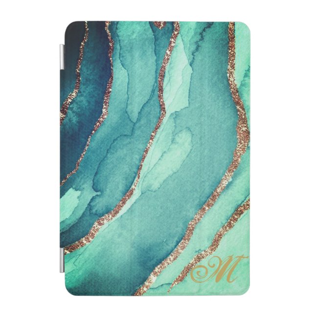 Customized Gold Teal Blue MARBLE iPad Case Initial (Front)