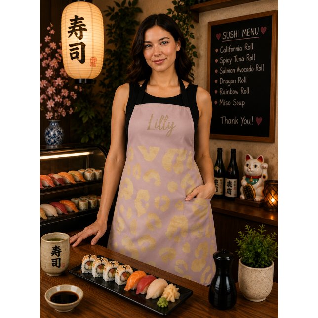 Customized Golden Metallic Pink Cheetah Print Apro Apron (Creator Uploaded)