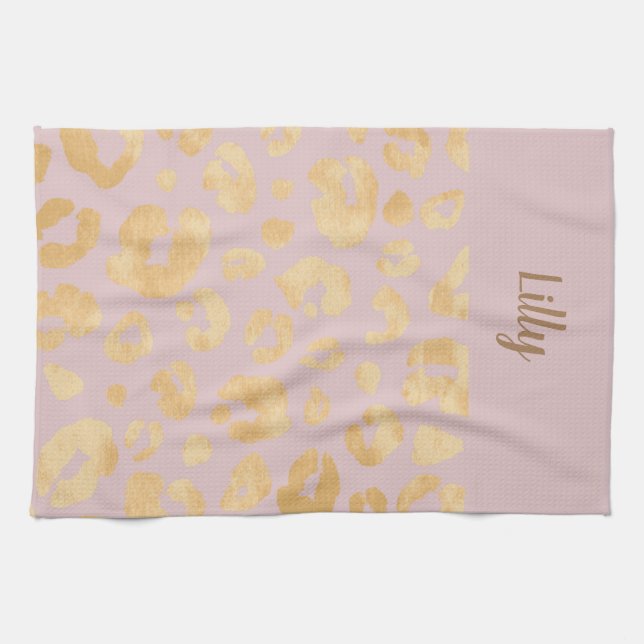 Customized Golden Metallic Pink Cheetah Print  Kitchen Towel (Horizontal)