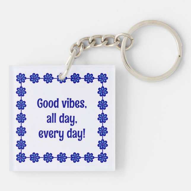 Customized Good Vibes, Blue Floral Evil Eye Amulet Keychain (Back)