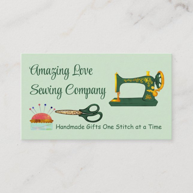 Customized Green and Gold Sewing Machine 2 Business Card (Front)