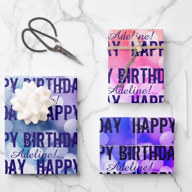 Customized Happy Birthday Pink, Purple Blue Bokeh Wrapping Paper Sheets (Front)
