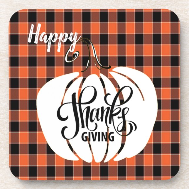 Customized HAPPY Thanksgiving Orange Buffalo Plaid Beverage Coaster (Front)