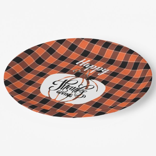 Customized HAPPY Thanksgiving Orange Buffalo Plaid Paper Plates (Angled)