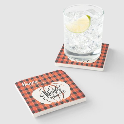 Customized HAPPY Thanksgiving Orange BuffaloPlaid Stone Coaster