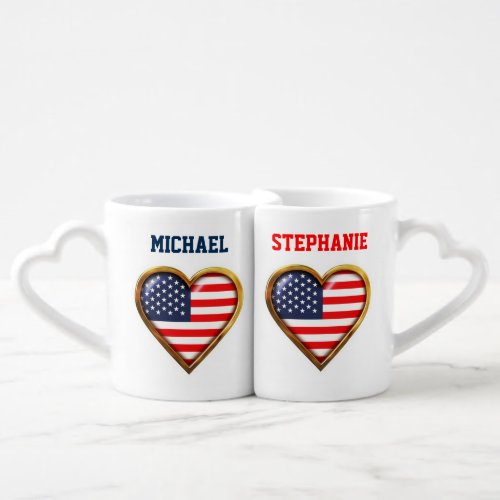Customized Heart_Shaped US Flags Coffee Mug Set