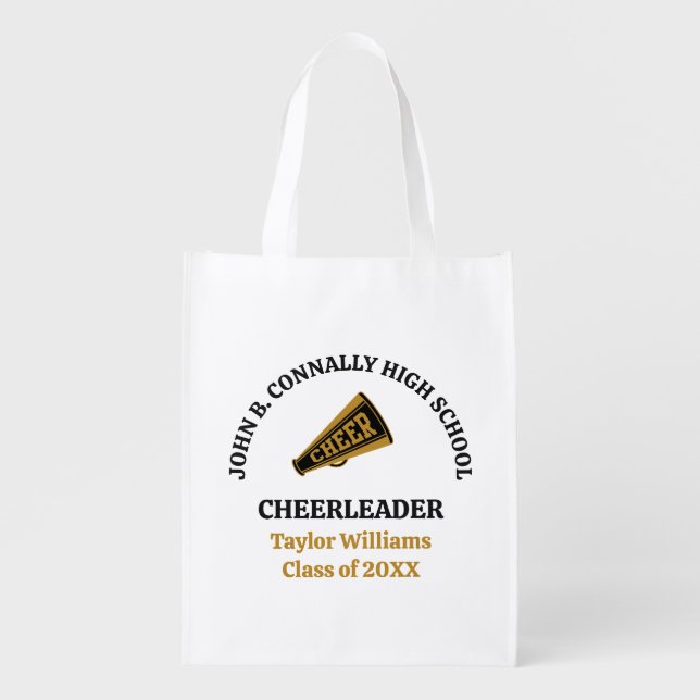 Customized High School Cheerleader Black Gold Grocery Bag (Front)