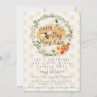 Customized Honey Bee and Flowers First Birthday  Invitation