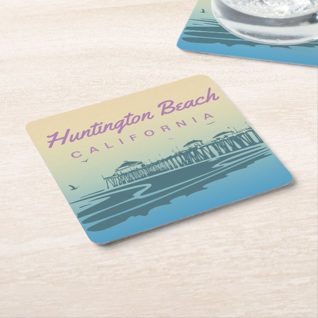 Customized Huntington Beach Pier Illustration Square Paper Coaster (Angled)