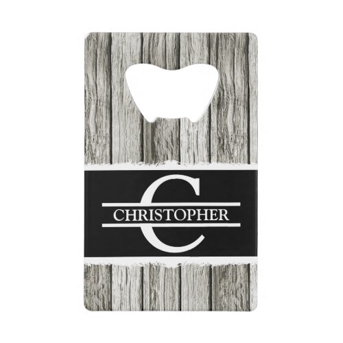 Customized initial name rustic black white grey credit card bottle opener
