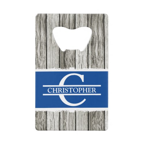 Customized initial name rustic blue white grey credit card bottle opener