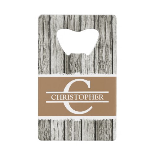 Customized initial name rustic brown white grey credit card bottle opener