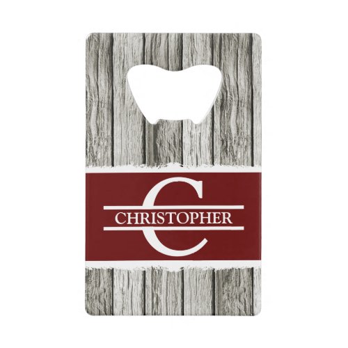 Customized initial name rustic burgundy white grey credit card bottle opener