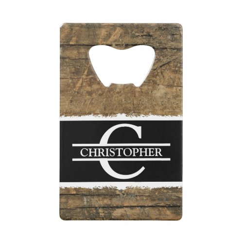 Customized initial name rustic faux wood black credit card bottle opener