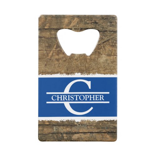 Customized initial name rustic faux wood blue credit card bottle opener