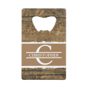 Customized initial name rustic faux wood brown credit card bottle opener