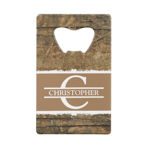 Customized initial name rustic faux wood brown credit card bottle opener