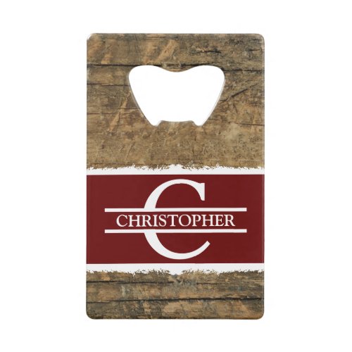 Customized initial name rustic faux wood burgundy credit card bottle opener