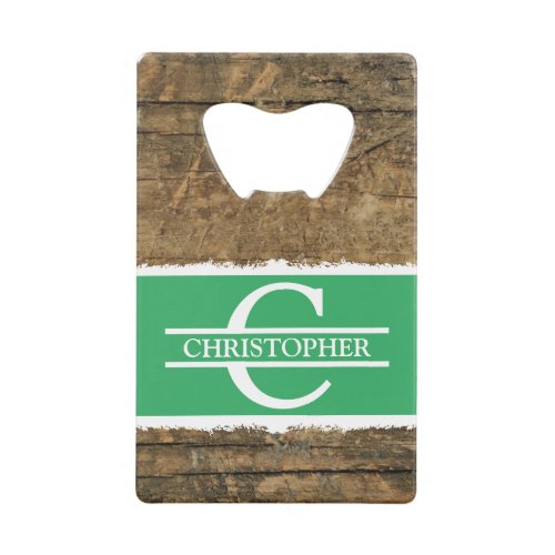 Customized initial name rustic faux wood green credit card bottle opener