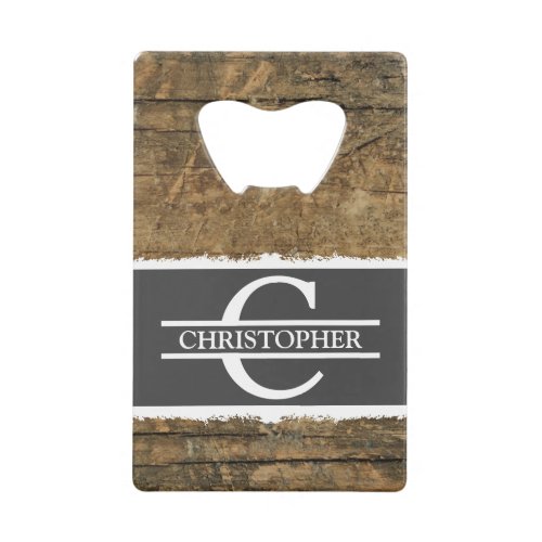 Customized initial name rustic faux wood grey credit card bottle opener