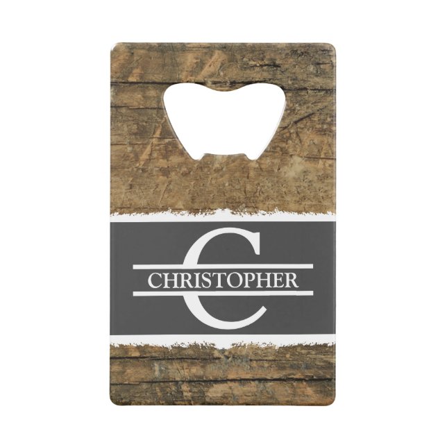 Customized initial name rustic faux wood grey credit card bottle opener (Front)