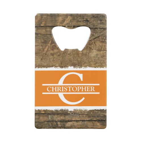 Customized initial name rustic faux wood orange credit card bottle opener