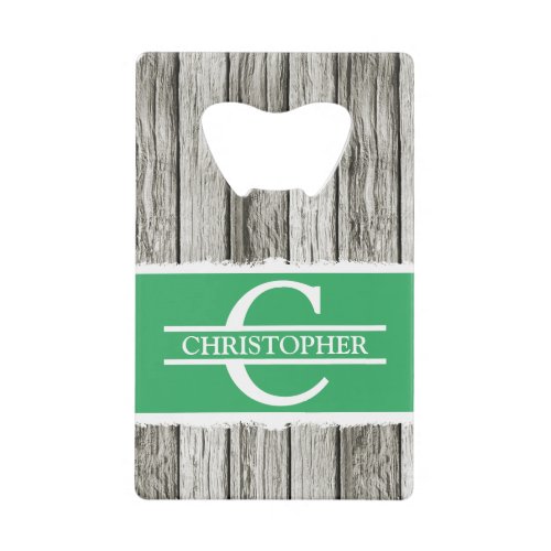 Customized initial name rustic green white grey credit card bottle opener