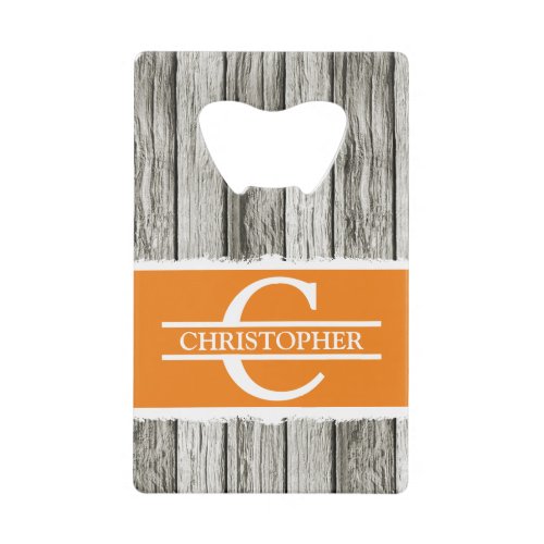 Customized initial name rustic orange white grey credit card bottle opener