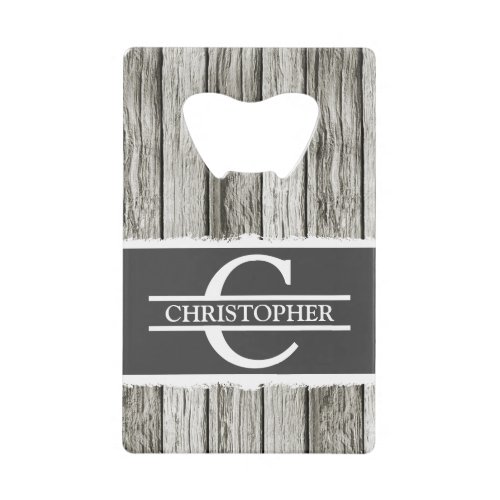 Customized initial name rustic white grey credit card bottle opener