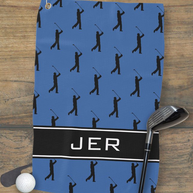 Customized Initials Golfer Black Pattern Blue Golf Towel (Customized Initials Golfer Black Pattern Blue Golf Towel)