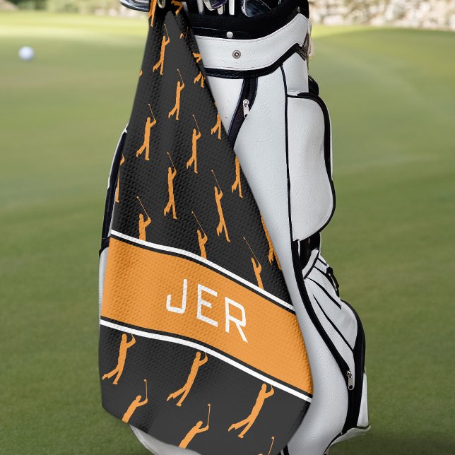 Customized Initials Golfer Black Pattern Orange Golf Towel (Creator Uploaded)