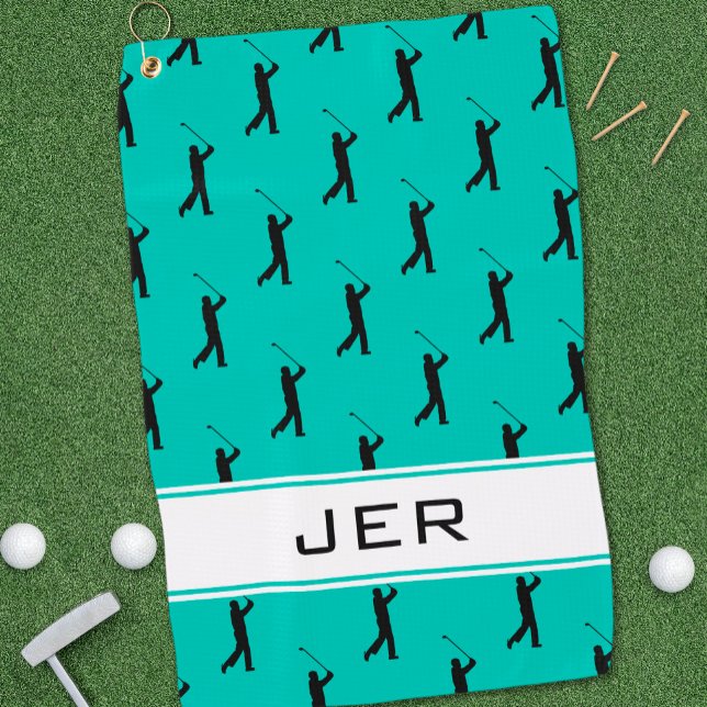 Customized Initials Golfer Pattern Green Black Golf Towel (Customized Initials Golfer Pattern Green Black Golf Towel)