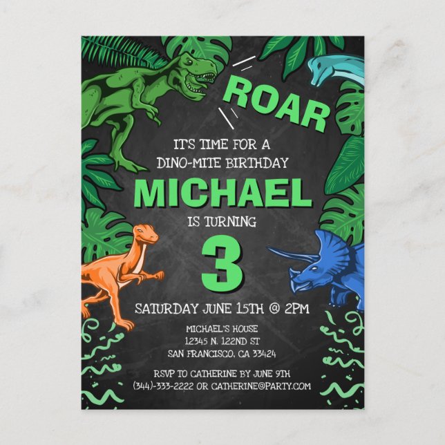 Customized Kids Three Dinosaur Birthday Party Invitation Postcard (Front)