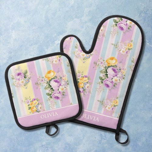 Customized Lavender Floral Striped Oven Mitt  Pot Holder Set