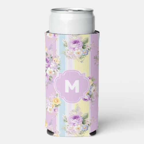 Customized Lavender Floral Striped Seltzer Can Cooler